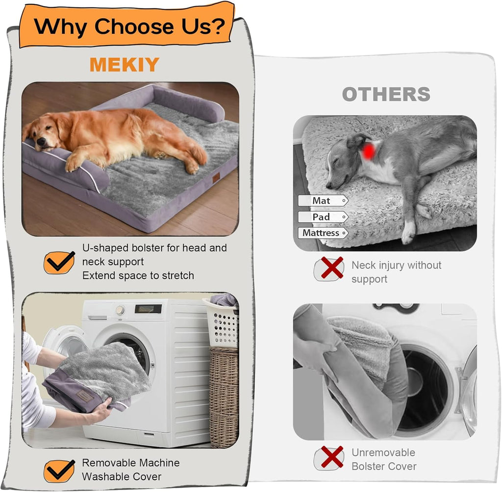 Large Dog Bed Orthopedic Washable, Orthopedic Dog Beds for Large Dogs with Washable Cover, Removable Bolster and Non-Slip Bottom Purple Pet Beds for XXXLarge Extra Large Dogs