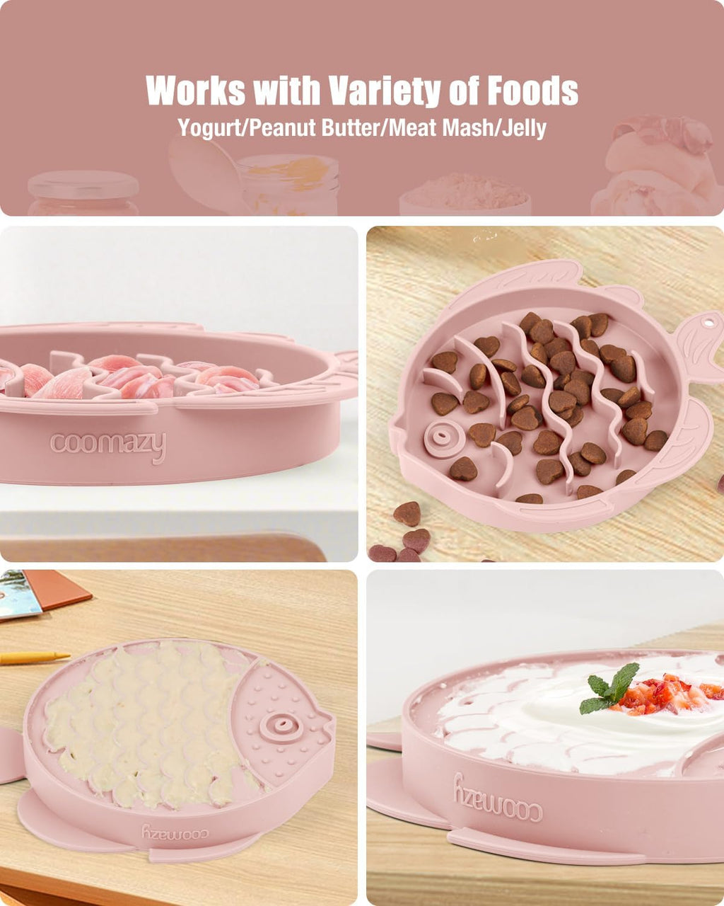 Coomazy 2-in-1 Silicone Slow Feeder Dog Cat Bowls, Lick Mat Interactive Puzzle Toy for Pets Dry/Wet Food Training, Keeps Dogs Cats Busy, Prevents Puppy Kitty Overeating (Pink, 1.2 Cup)
