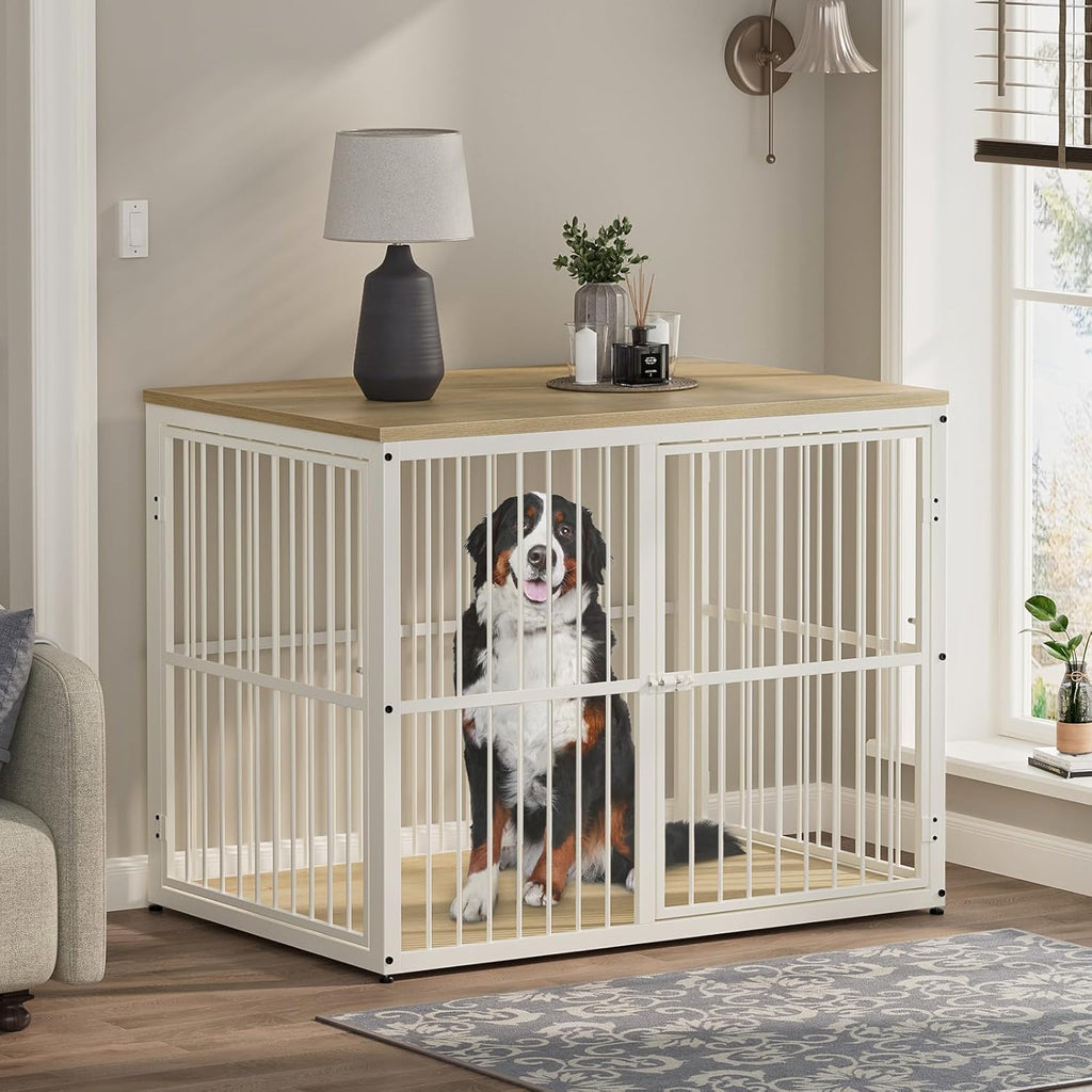 Lyromix 43'' Dog Crate Furniture with 3 Doors, XL Wooden Crate End Table, Heavy Duty Indoor Puppy Cage Kennel for Medium to Large Dogs, Multiple Units Can be Combined, Natural Beech