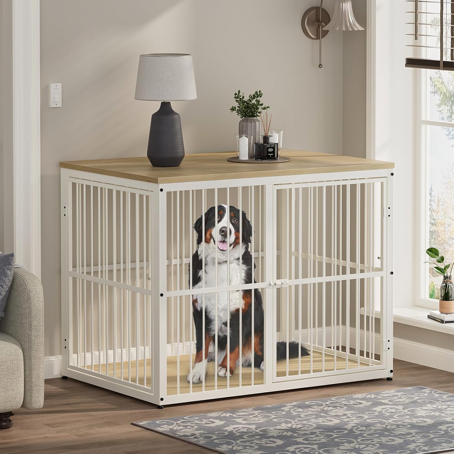 Lyromix 43'' Dog Crate Furniture with 3 Doors, XL Wooden Crate End Table, Heavy Duty Indoor Puppy Cage Kennel for Medium to Large Dogs, Multiple Units Can be Combined, Natural Beech