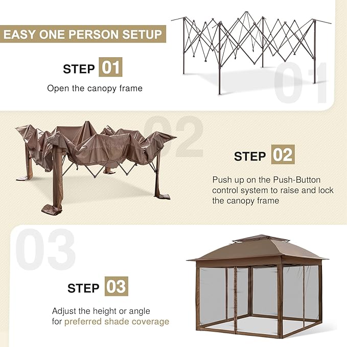 EAGLE PEAK 11x11 Pop Up Gazebo with Mesh Netting, Easy Up Screened Canopy for Patio and Backyard, Easy Set up Outdoor Gazebo (Brown)