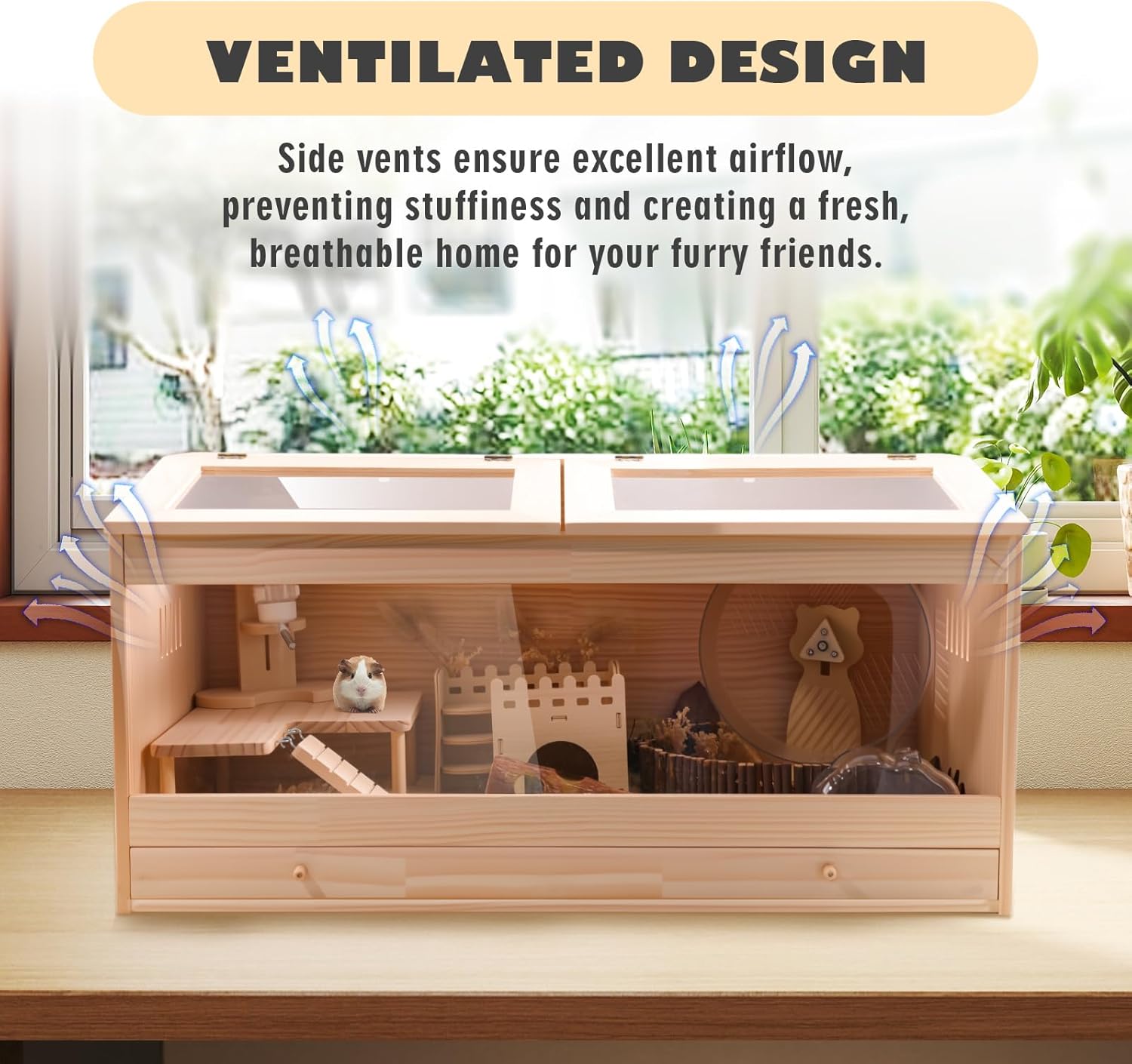 Wooden Hamster Cage with Pull-Out Tray, Small Animal Habitat with Double Skylight Doors for Gerbil, Mouse, Guinea Pig, Rat, No Accessories (31.5" L x 15.7" W x 15.7" H)