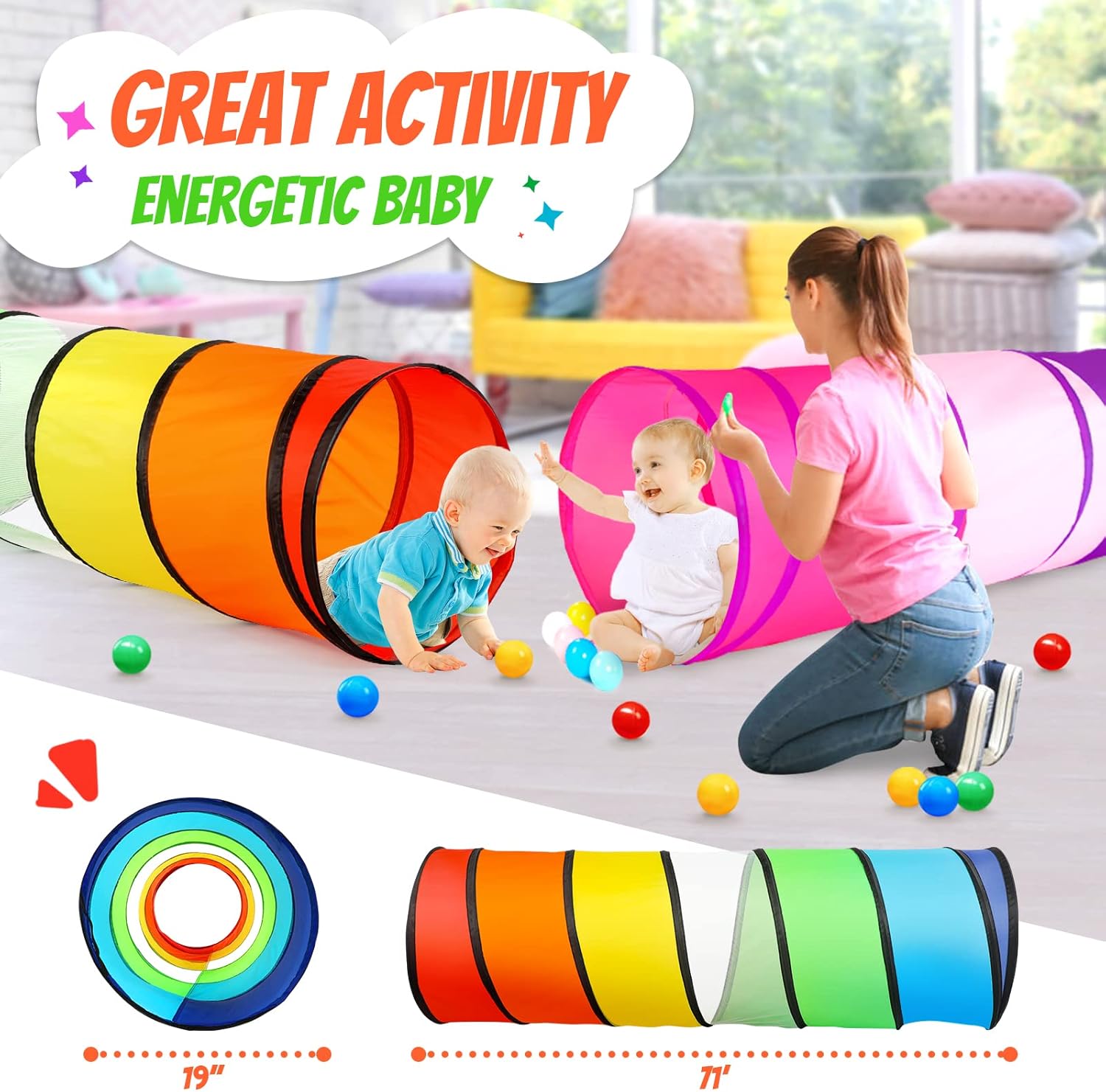 Kids Play Tunnel Tent for Toddler, 2 Pack 6-ft Pop Up Crawl Tunnel Toy for Baby Children or Dog Cat, Collapsible Gift for Boy and Girl Play Tunnel Indoor Outdoor Game (Rainbow Tunnel+Pink Tunnel)