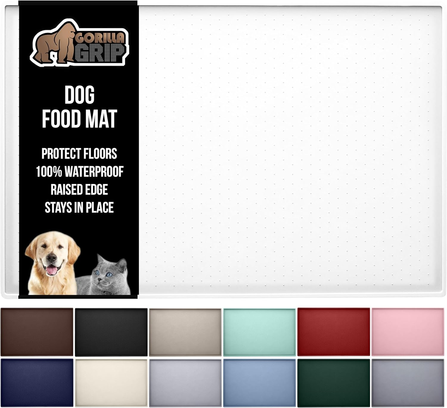 GORILLA GRIP 100% Waterproof Raised Edge BPA Free Silicone Pet Feeding Mat, Dog Cat Food Mats Contain Spills Protects Floors, Placemats for Cats and Dogs Water Bowl, Pets Accessories 18.5x11.5 White