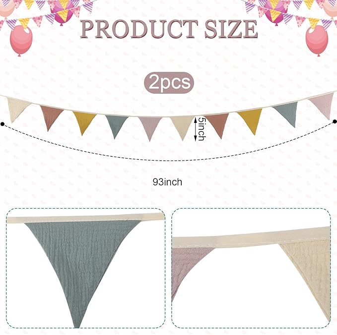 Oudain 15.5 ft Pennant Banner Flags, 2 Pcs Nursery Garland Triangle Bunting Flag Baby Banner for Nursery Decor Baby Birthday Boho Wedding Shower Party Event, Each 7.75 ft(Rainbow Color)