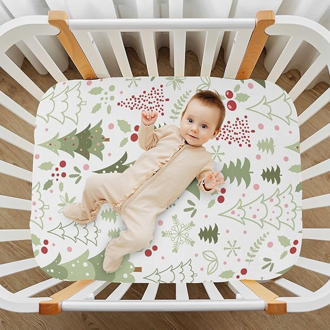 Cartoon Christmas Tree Crib Sheets for Boys Girls Soft Breathable Mini Crib Sheets for Baby 52" x 28"