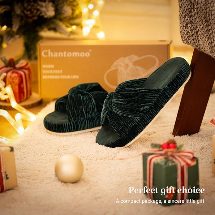 Chantomoo Slippers for Women Memory Foam House Bedroom Corduroy Bow Crossbands Slipper Shoes Comfy Trendy Gift Slippers