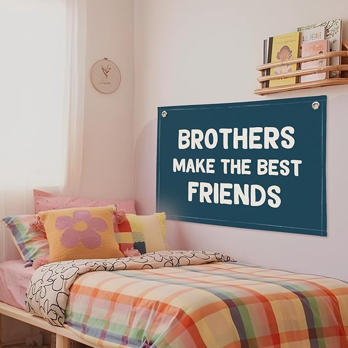 Brothers Make The Best Friends Banner, Boys Room Decor, Toddler Boy Linen Banner Wall Hanging Flag Decor for Nursery 20x30 - Navy Blue