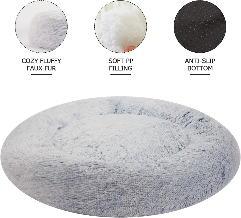 Bedfolks Calming Donut Dog Bed, 23 Inches Round Fluffy Dog Beds for Small Dogs, Machine Washable Anti-Anxiety Plush Puppy Bed（Light Blue, Small）