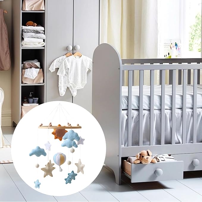 Handmade Sun Hot Air Balloon Crib Mobile with Felt Cloud, Star, and Balloon Toys, Safe and Soft for Baby Nursery, Ideal for Little Ones,