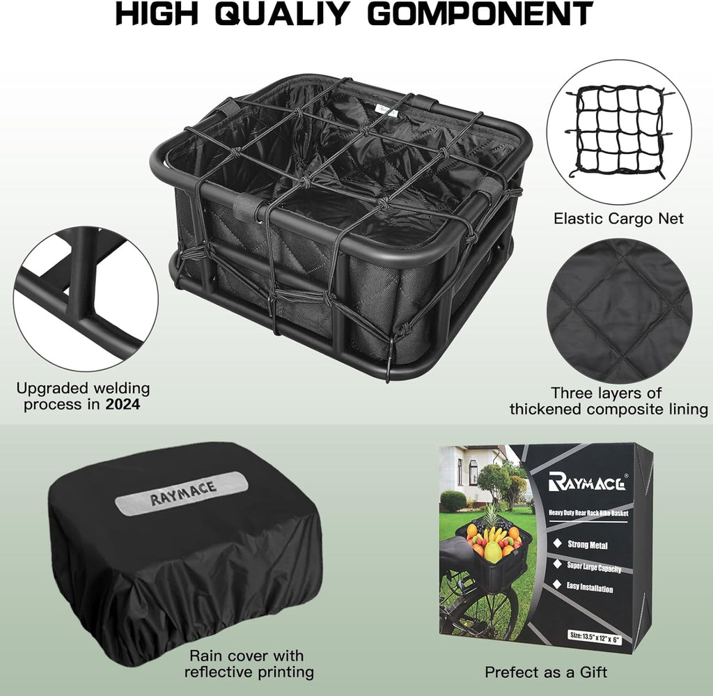 RAYMACE Rear Rack Bike Basket with Cargo Net and Liner Large Bicycle Basket Perfect Mount for Electric Bike