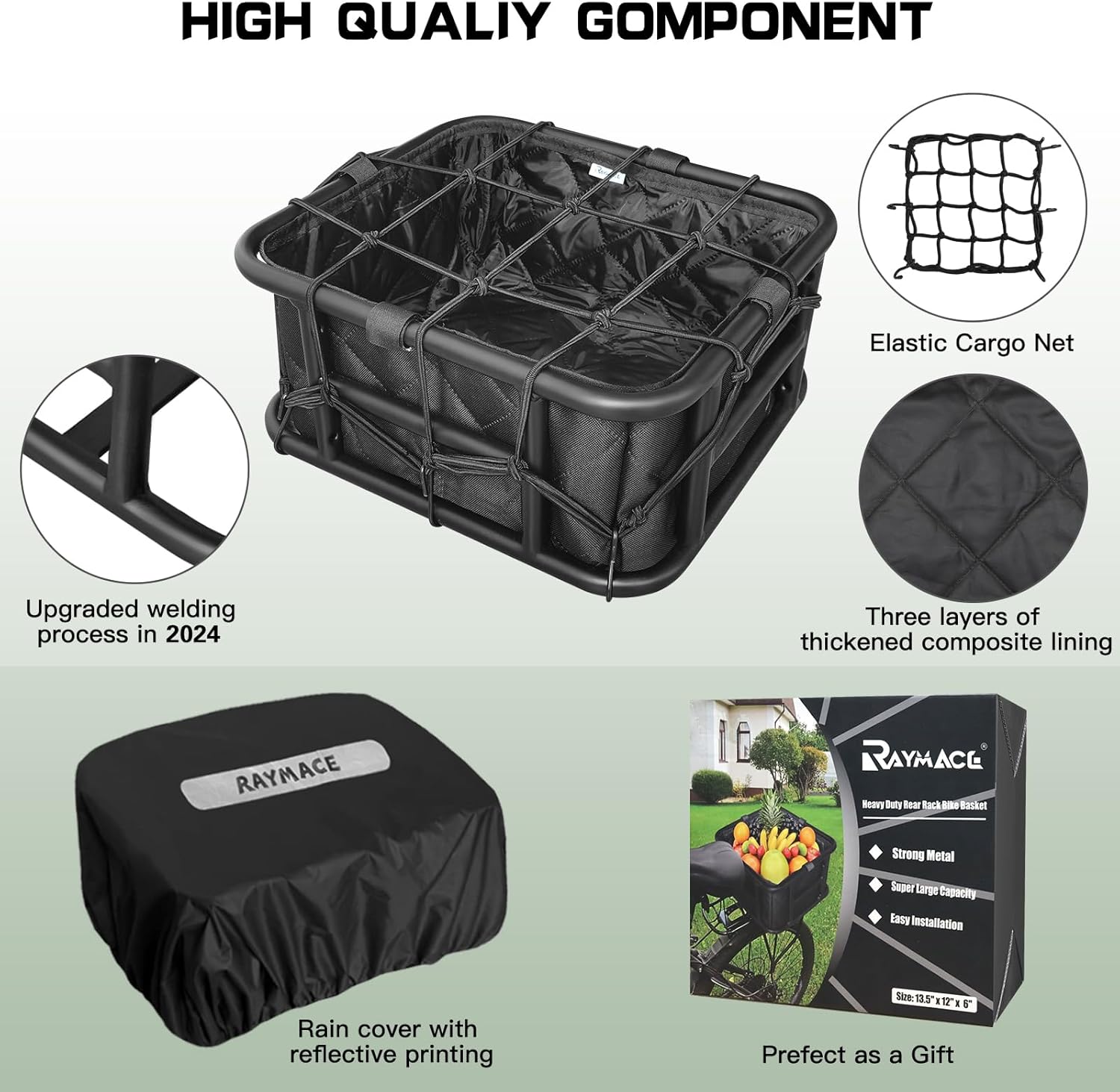 RAYMACE Rear Rack Bike Basket with Cargo Net and Liner Large Bicycle Basket Perfect Mount for Electric Bike