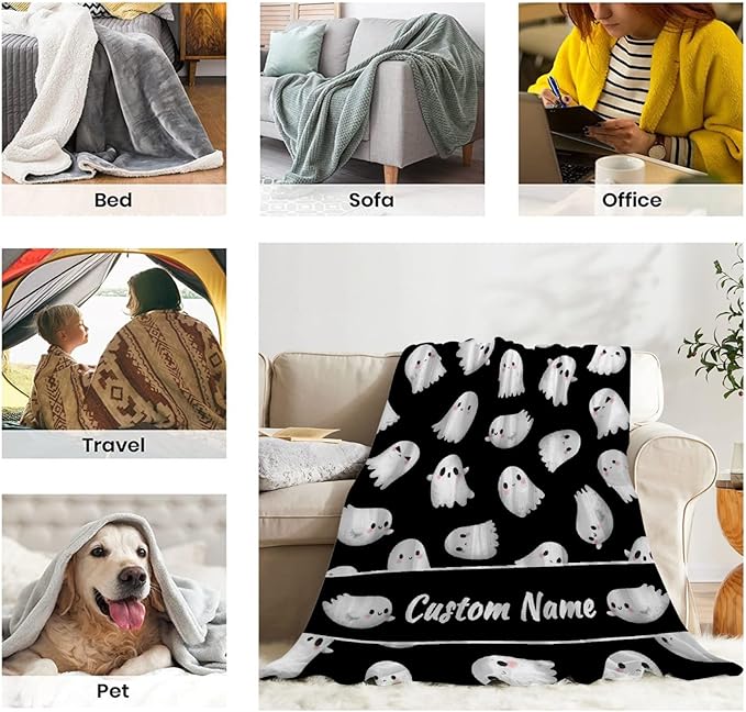 Custom Halloween Ghost Blanket | Personalized for Boys Girls | Plush Cozy Name Blanket | Halloween Decor Gifts | 40"x50"-Kids/Throw Size