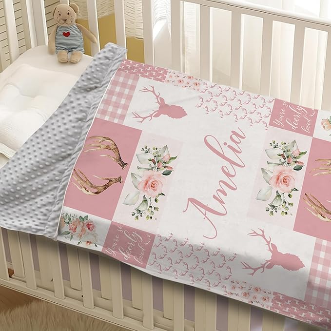 Personalized Baby Blanket with Name, Custom Pink Woodland Deer Blanket for Kids, Soft Flannel Bed Throw Blanket Swaddle for Newborn, Customizable Baby Gift & Nursery Blanket(47" x60)