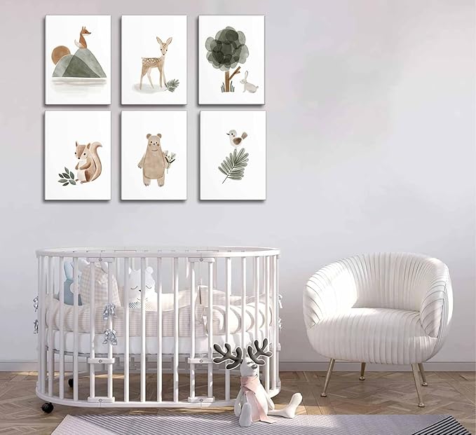 6 Pieces With Woodland Nursery Canvas Wall Art Neutral Sage Green Bohemian Minimalist Forest Animals Paintings Pictures Wall Decor Poster Print Artwork For Kids Room Baby Room Boys Girls Bedroom
