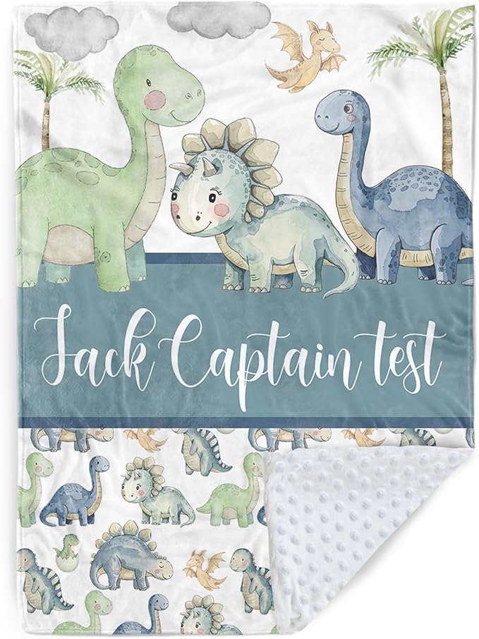 Personalized Baby Name Blanket for Boy Girl, Soft Flannel Blanket with Double Layer Dotted Backing for Newborn, Nursery Crib with Green Dinosaur Design, Baby Blanket Customized Gifts(30”x40)