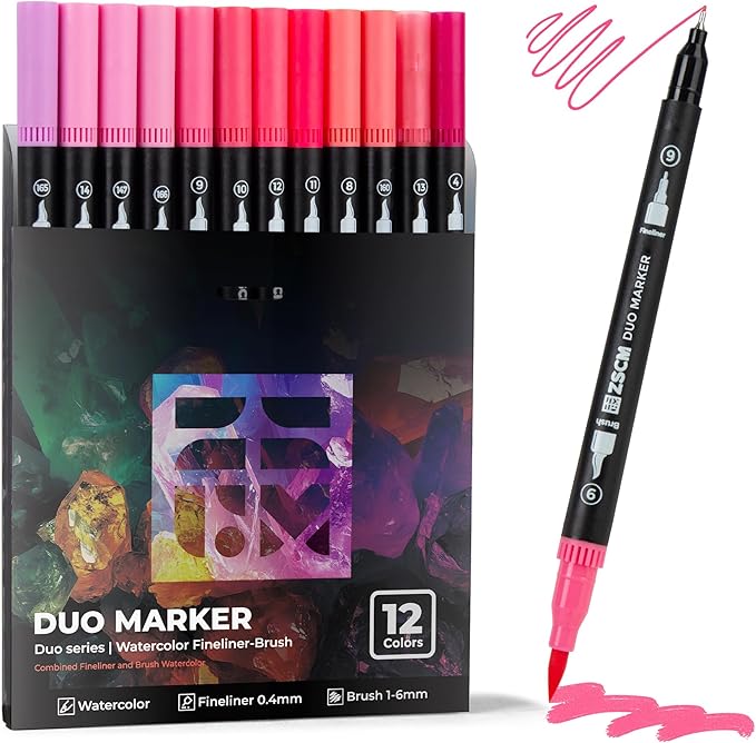 Pink Duo Tip Marker Pens, 12 Pack Fine & Brush Markers for Adult Coloring Books No Bleeding, Blushing Pink Markers for Romantic Illustrations, Floral Designs, Cute Doodling and Lettering