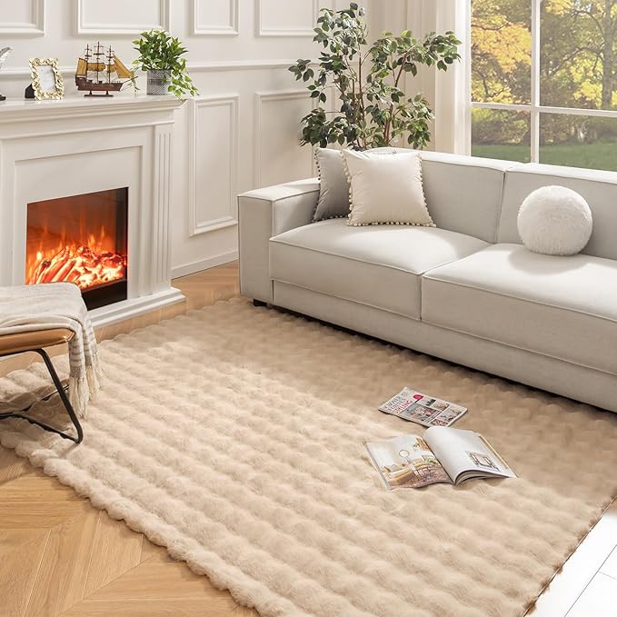 Ashler Faux Rabbit Fur Rug, Beige 6x9 FT Fluffy Soft Runner Area Rugs, Rectangle Fuzzy Carpet for Living Room, Bedroom, Machine Washable Shaggy Nursery - 3D Bubble Mat
