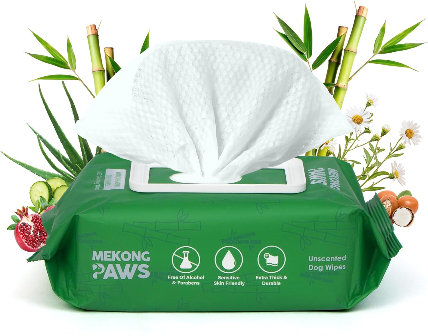 Unscented Pet Grooming Wipes - Natural Bamboo Fiber - Cleansing Wipes for Dog & Cat - Soft & Caring for Sensitive Skin - Durable & Tear Resistant for Paw, Coat & Bum Freshening - 100 Count