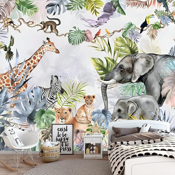 Safari Wallpaper for Kids with Animals Jungle Wall Mural Watercolor Animals Nursery Wallpaper Children Room Decor (Not Peel n' Stick)