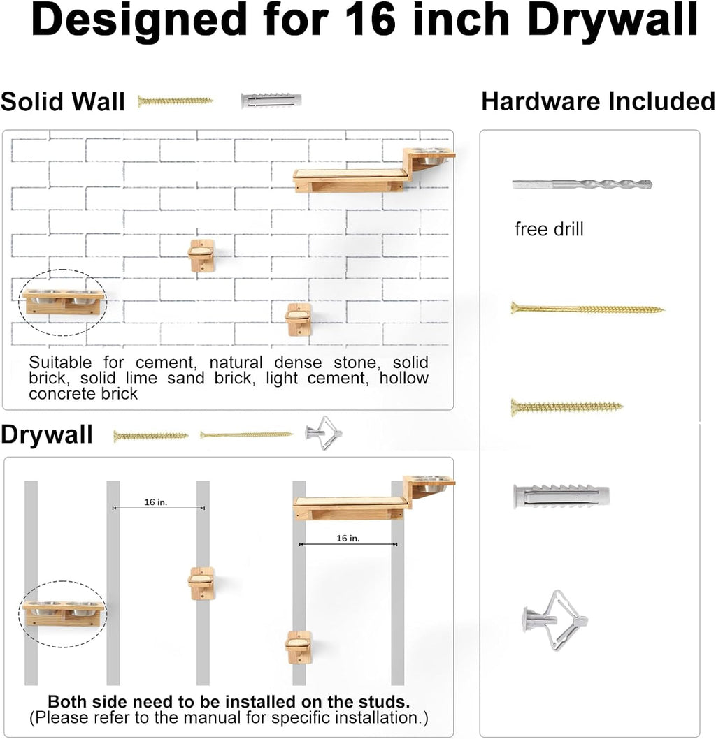 FUKUMARU Cat Wall Shelves, 3 In 1 Cats Walls Furniture Set, Food Station with 2 Steps , Solid Rubber Wood Perch, Suitable for Kitten Play, Nap, Eat, DIY Wall Jungle Gym