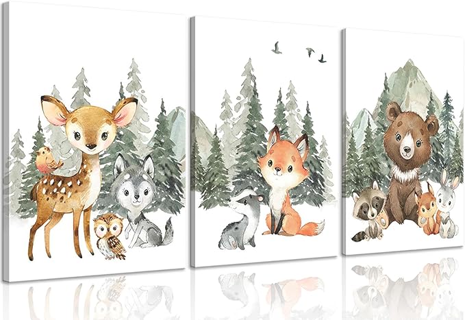 3Pcs Woodland Animal Nursery Canvas Wall Art Forest Adventure Theme Animals Picture Posters Wall Decor Cute Watercolor Deer Bear Fox Painting Print Artwork for Kids Baby Bedroom Decor 12x16in