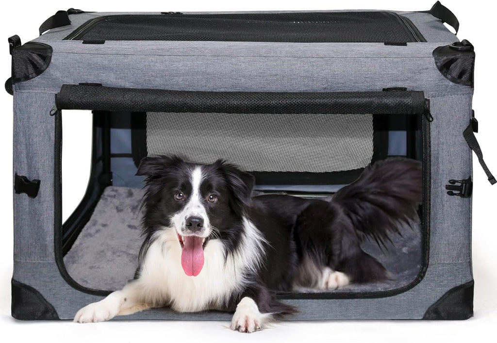 NEZUC Soft Collapsible Dog Crate - 24 Inch Portable Soft Sided Travel Dog Crates for Small Dogs, 4-Door Foldable Dog Carrier, Pet Kennel Indoor & Outdoor (Gray, 24.0" L x 17.0" W x 17.0" H)