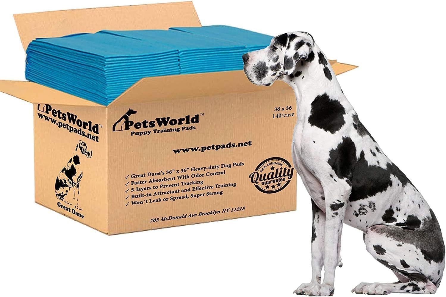 PETSWORLD Giant Dog Potty Pads, Odor-Eliminating, 36" x 36", Ultra Absorbent 5-Layer Leak-Proof Training Pads for Dogs & Cats (36x36, 140 Count)