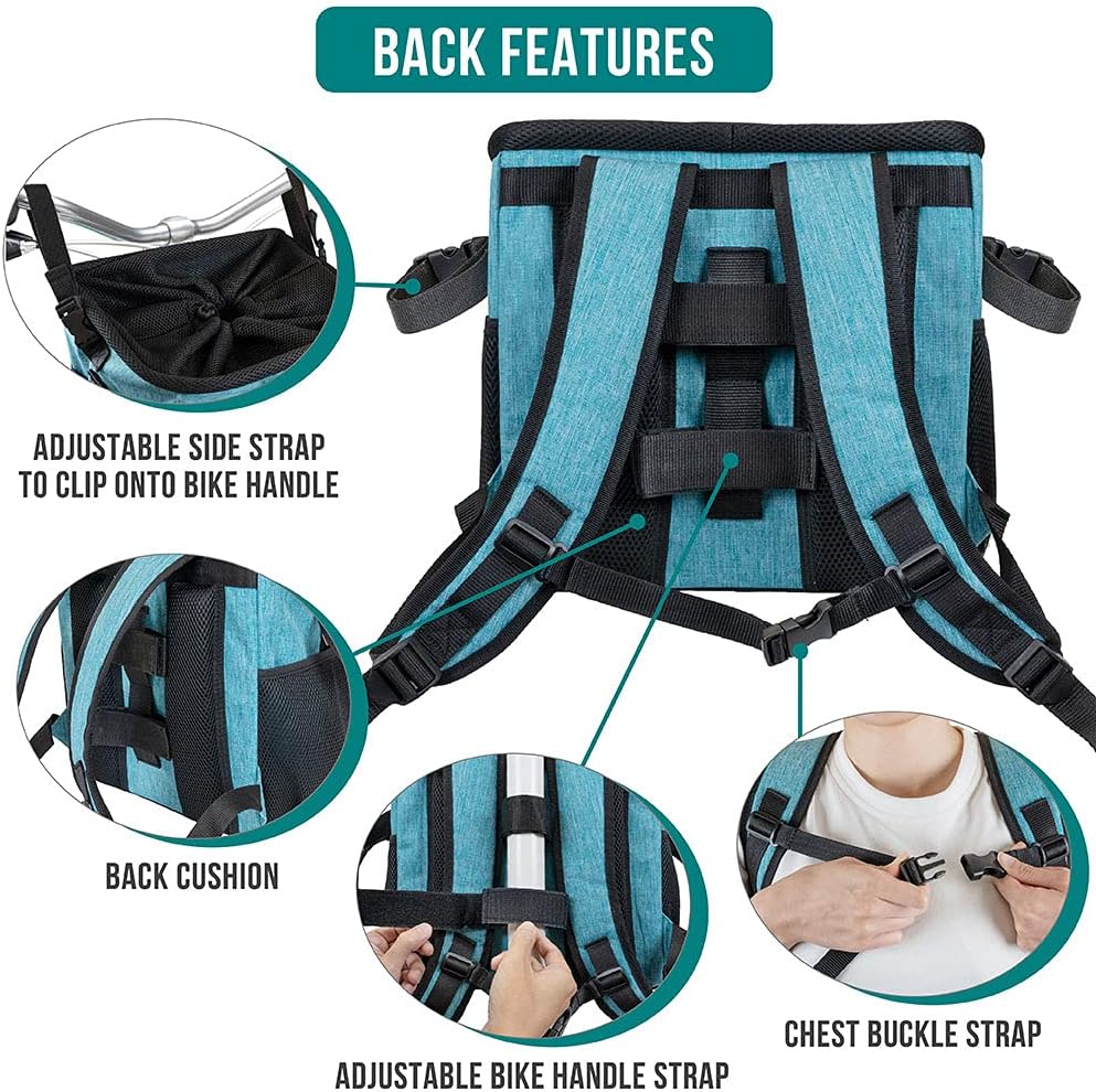 PetAmi Dog Bike Basket, Soft-Sided Ventilated Dog Bike Carrier Backpack, Pet Bicycle Basket for Bike Handlebar, Small Medium Puppy Cat Kitten Car Booster Seat with Safety Strap, Max 18 lbs, Blue