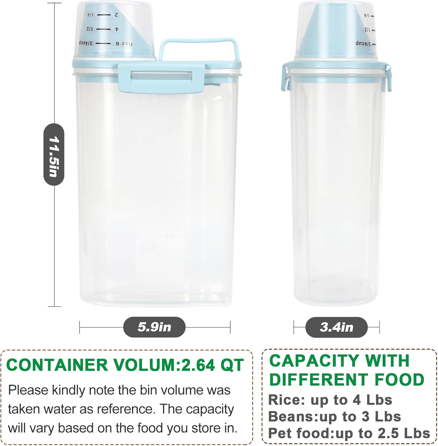 TBMax Rice Storage Container 2 Pack, Plastic Kitchen Pantry Food Storage Container with Cup, Small Pet Dog Cat Food Container Dispenser - Sky Blue