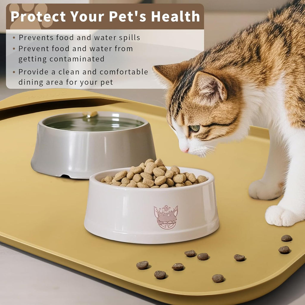 Silicone Pet Feeding Mat with Raised Edge & Residue Collection Pocket for Food and Water, Dog Bowl Mats, Cat Bowls Placemat with High Lip for Floor Waterproof, 19 x 12 x 0.7 Beige