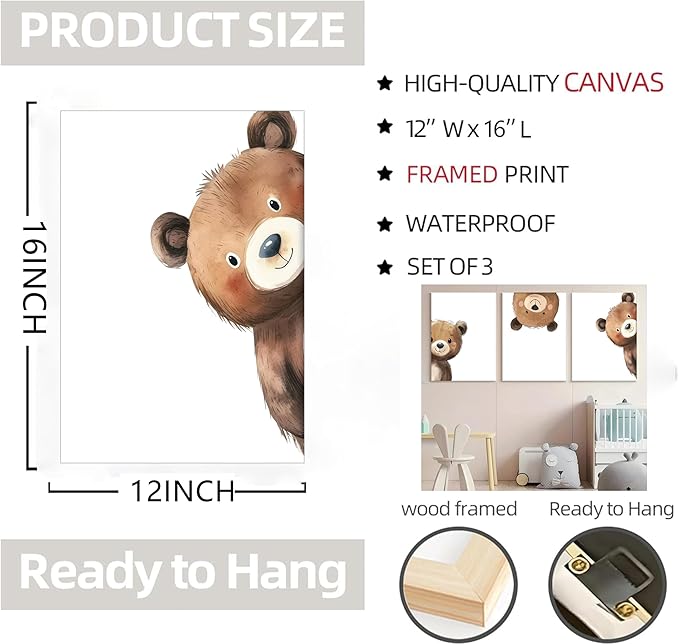 3Pcs Baby Teddy Bear Nursery Wall Art Peeking Bear Pictures Wall Decor Peekaboo Kids Room Decor Woodland Animal Posters Neutral Nursery Painting Canvas Print Artwork for Children's Baby Room Bedroom
