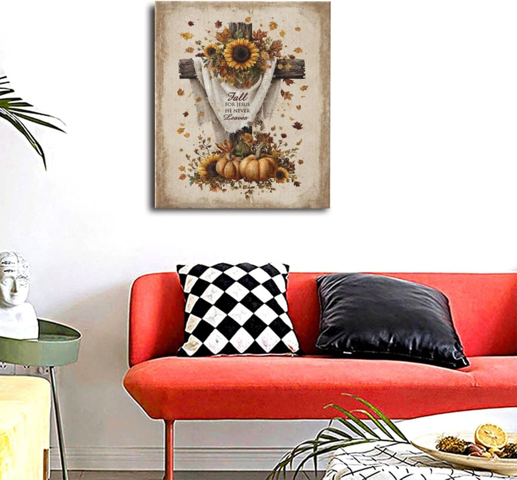 Christian Fall Wall Art Autumn Rustic Cross Sunflower Pumpkin Wall Decor Fall for Jesus He Never Leaves Pictures Painting Print Framed Artwork Decorations Gifts for Living Room Bedroom Prayer Room Office 20"x24"