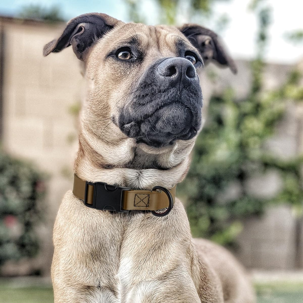 Dogline Biothane Waterproof Dog Collar with Quick Release Buckle Strong Coated Nylon Webbing with Odor- Proof for Easy Care Easy to Clean Fits Small Medium Large Dogs, Coyote Brown 1" W 15-25" L