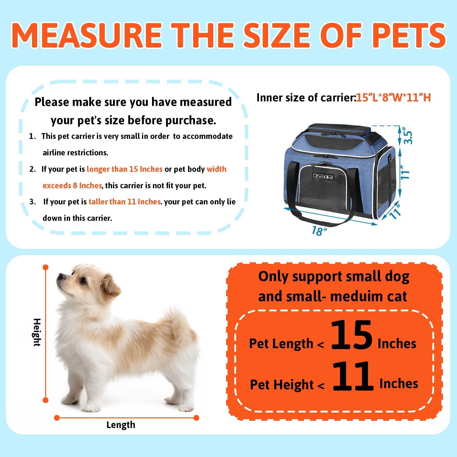 Petskd Top-Expandable Pet Carrier 18x11x11 Inches Delta American United Airline Approved, Soft-Sided Carrier for Small Cats and Dogs with Locking Safety Zippers and Anti-Scratch Mesh(Blue)