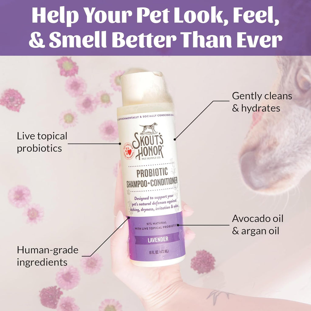 Skout's Honor Probiotic Dog Shampoo & Conditioner with Avocado Oil & Omega-3s, 97% Natural, Paraben & Sulfate-Free, Cruelty-Free, 16oz, Lavender