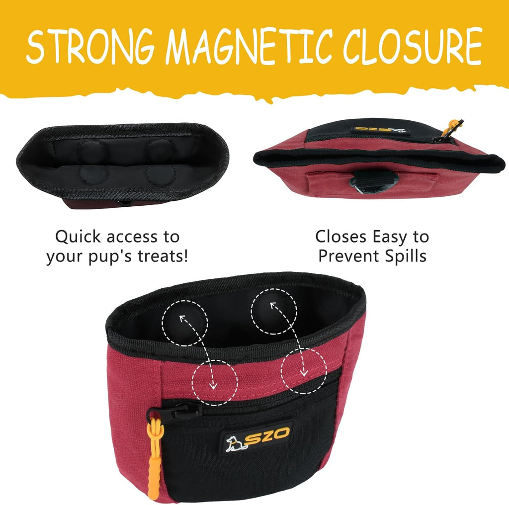 SZO Dog Treat Pouch with Pet Training Clicker, Dog Training Treat Pouch with Waist Belt Clip, Magnetic Closure, Hands-Free Training - Black&Red