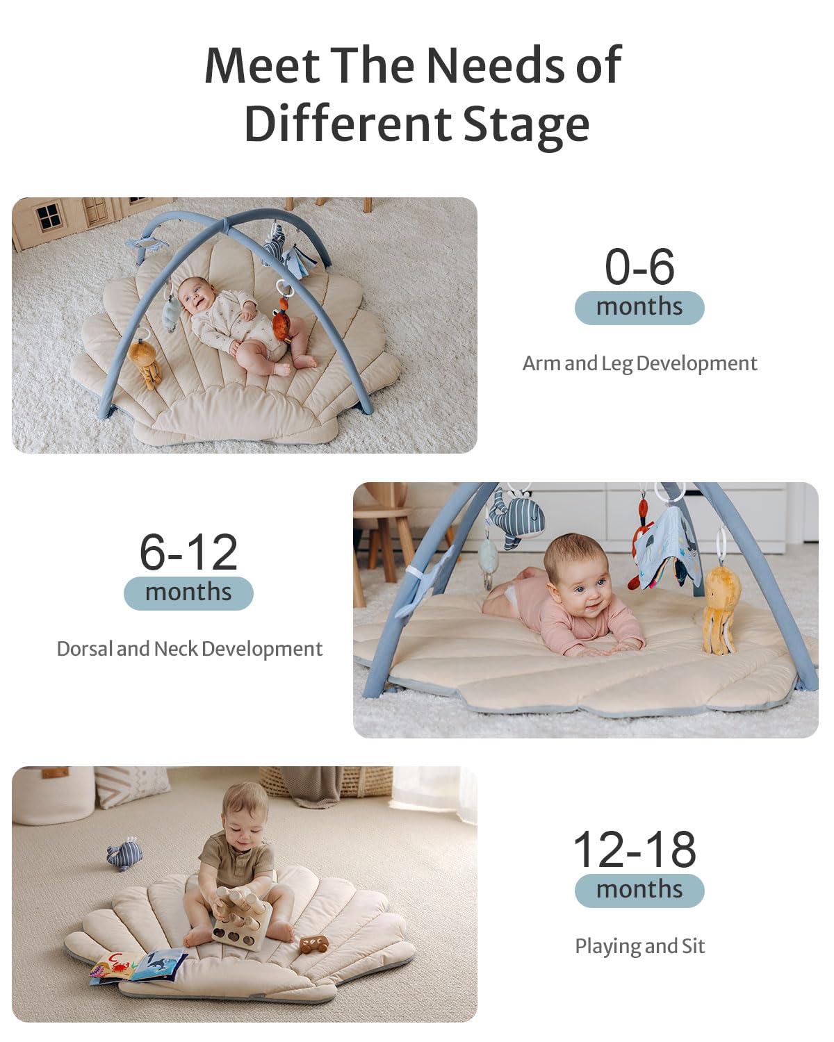 Blissful Diary Shell Baby Play Gym Mat, Softer & Enlarged Tummy Time Mat w 6 Detachable Toys for Sensory & Motor Skill Development, Activity Mat for Newborn Essentials Shower Gift, Boho Ocean Theme