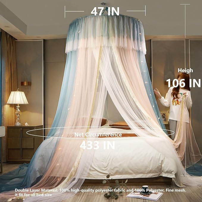 AIKASY Princess Bed Canopy for Girls & Adults, Elegant Double-Layer Bed Curtain, Children's Dream Round Lace Mosquito Net - Fits Twin, Full, Queen, and King Beds(Blue/Pink/White)