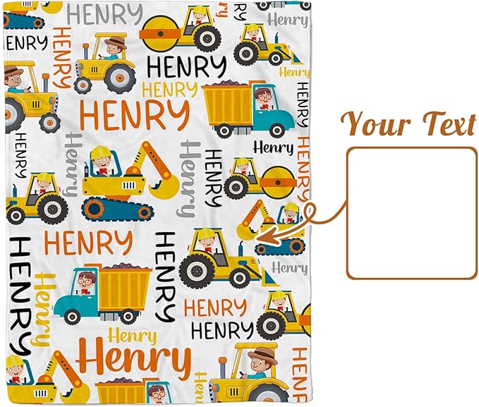 Personalized Baby Blankets for Boys, Custom Name Blanket Birthday Gift for Kid, Soft Flannel Blanket with Dotted Backing for Infants Toddlers, Customized Gifts, Yellow Truck(47" x60)