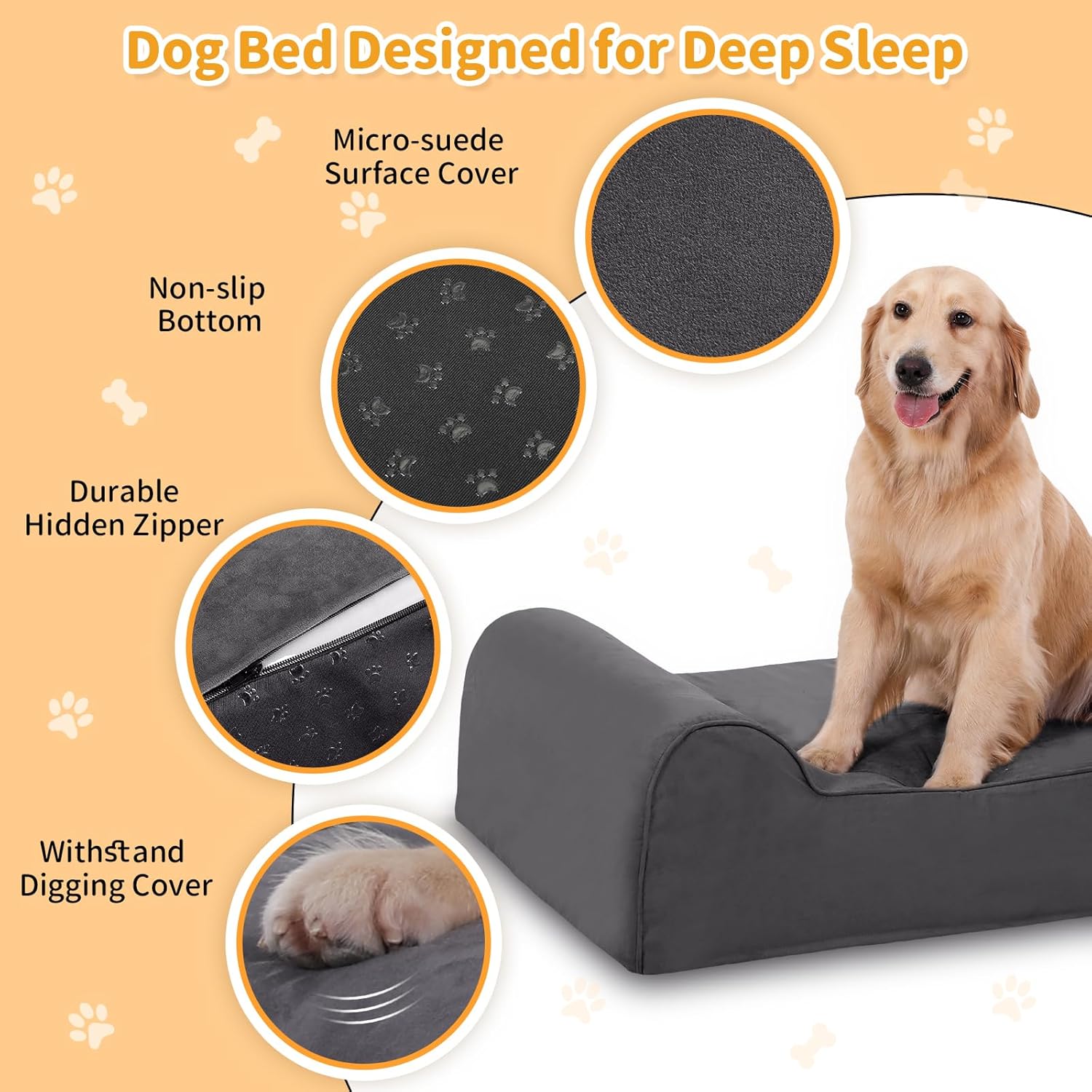 Large Orthopedic Dog Bed, 7" Memory Foam with Waterproof Liner, Chew Resistant Microsuede Cover, Removable and Washable, for Indoor, Outdoor, and Car Use, Nonskid Base, 48"x30" L Grey