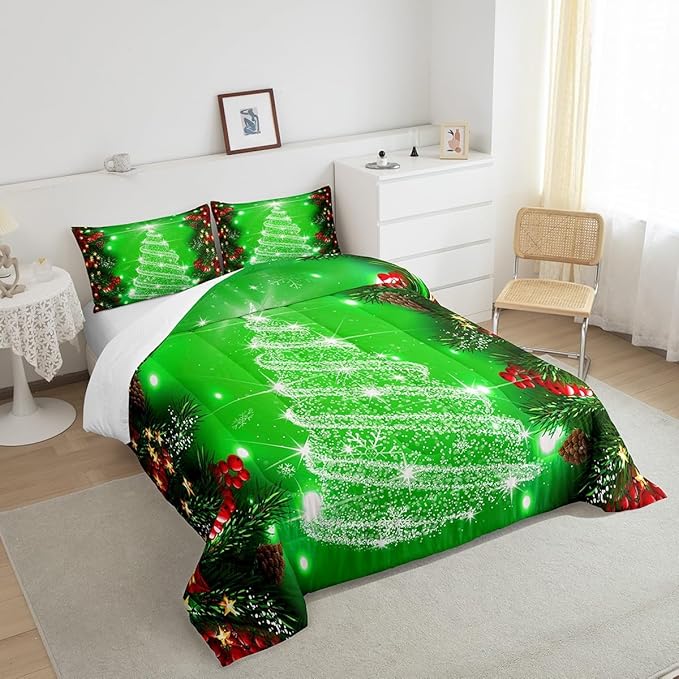 Feelyou Kids Merry Christmas Decorations Comforter Set, Kids Santa Tree Bedding Set Full Size for Boys Girls Teens Xmas Christmas Bell Decor Comforter Glitter Green Quilt Set
