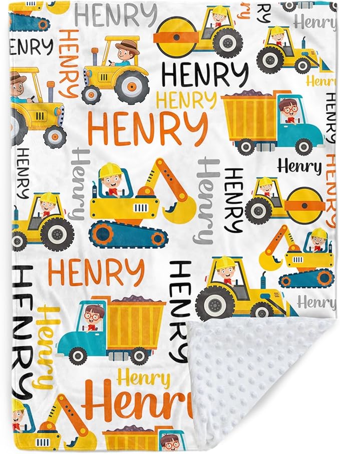 Personalized Baby Blankets for Boys, Custom Name Blanket Birthday Gift for Kid, Soft Flannel Blanket with Dotted Backing for Infants Toddlers, Customized Gifts, Yellow Truck(30”x40)