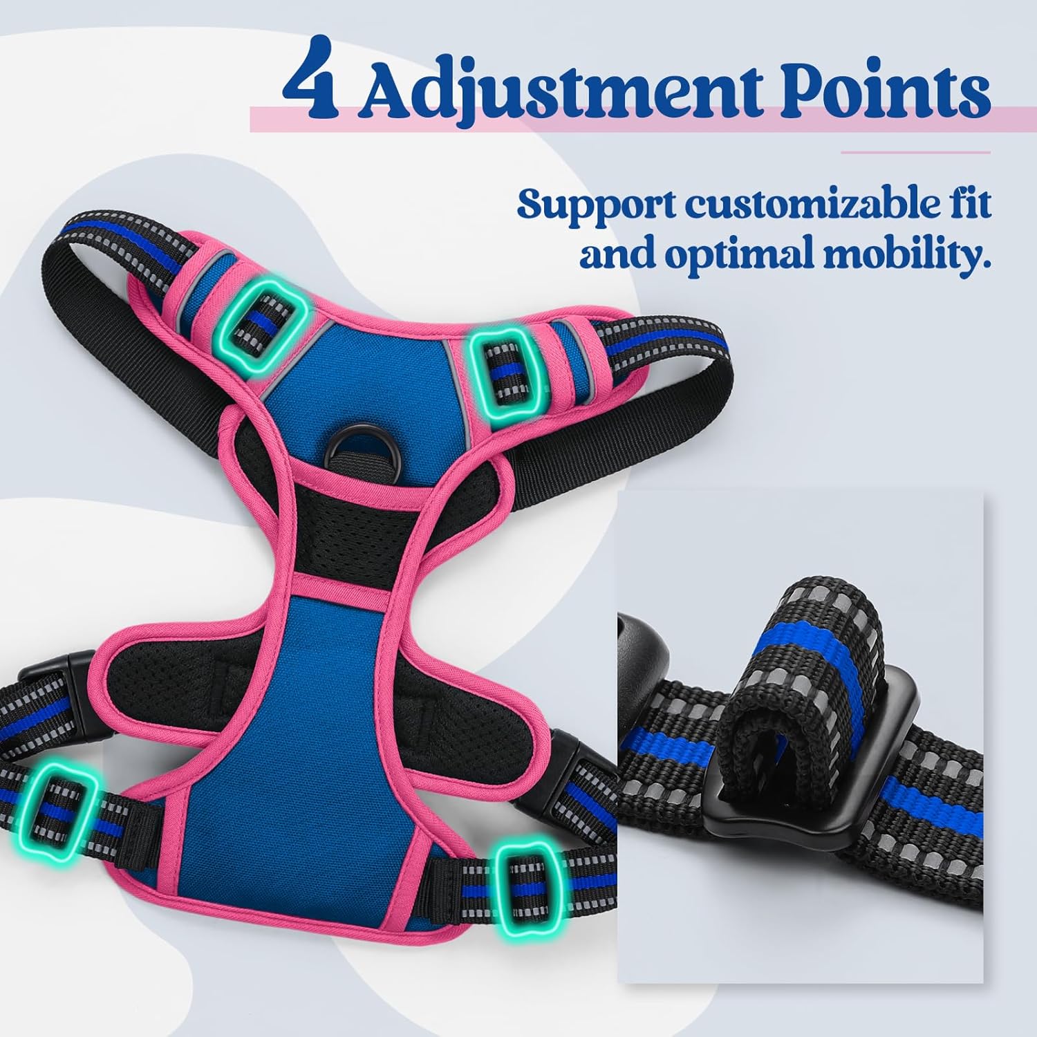 rabbitgoo Dog Harness No Pull with 2 Leash Clips, Adjustable Soft Padded, Reflective Oxford No Choke Pet Vest with Easy Control Handle for Large Dogs, Blue & Hot Pink, XL
