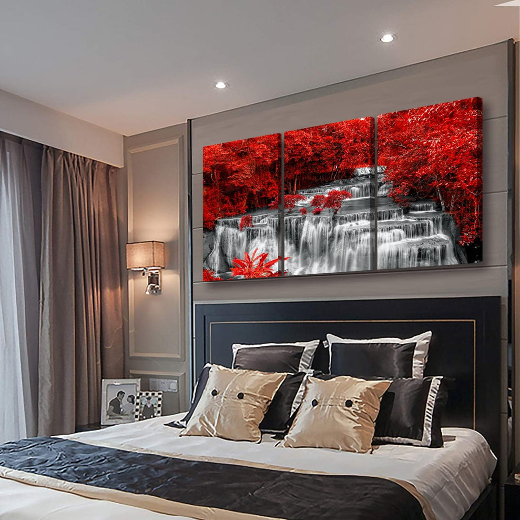 Yxbhhym Black White and Red Waterfall Canvas Wall Art Forest Paintings Waterfall Artwork for Wall Print Landscape Wall Picture for Living Room Wall Decor Large Framed Wall Art -24x48inches