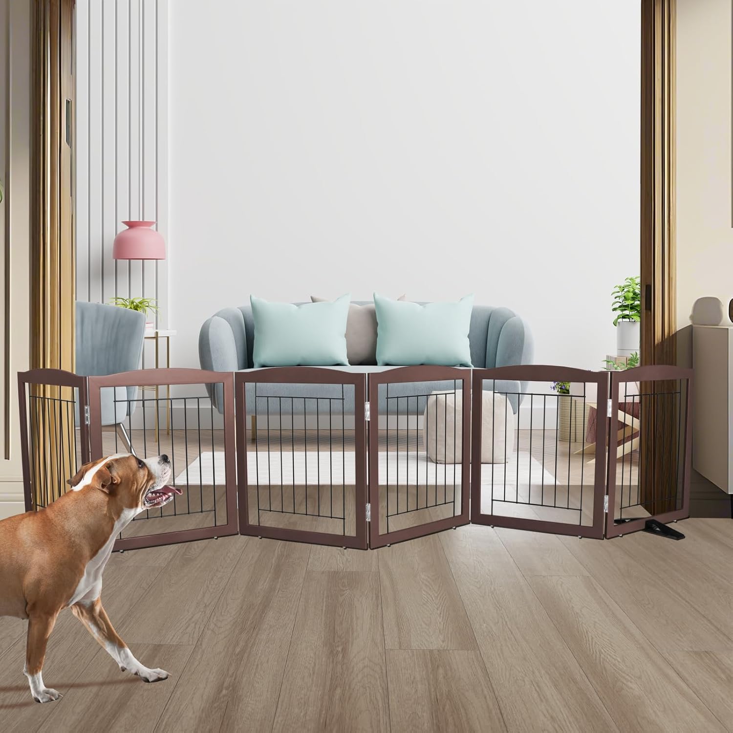 ZJSF Freestanding Dog Fence Indoor, Foldable Dog Gate for Doorways, Stairs or Hallways, Sturdy Wood Extra Wide Pet Gate with Support Feet for The House, Brown, 24 "Height-6 Panels