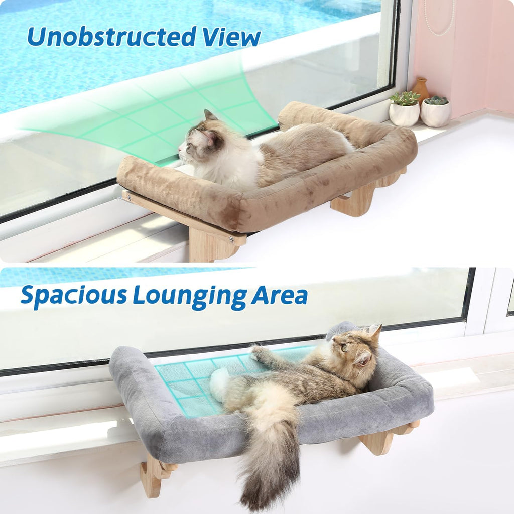Cat Perch for Window Sill with Bolster - Orthopedic Hammock Design with Premium Hardwood & Robust Metal Frame - Cat Window Seat for Large Cats and Kittens - Dark Stained Wood with Gray Bed
