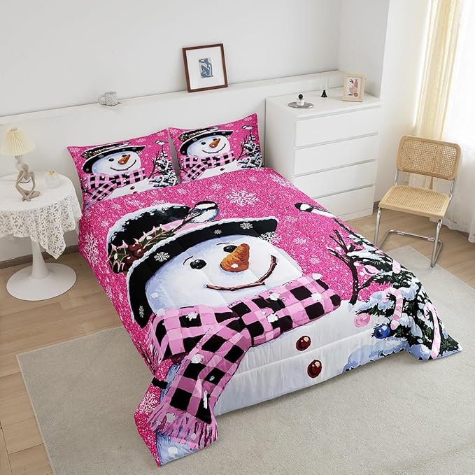 Feelyou Kids Christmas Theme Decorations Bedding Set Xmas Snowman Comforter Set for Boys Girls Snowflake Kawaii Cute Comforter Rose Red Quilt Set Bedroom Collection Toddler Size