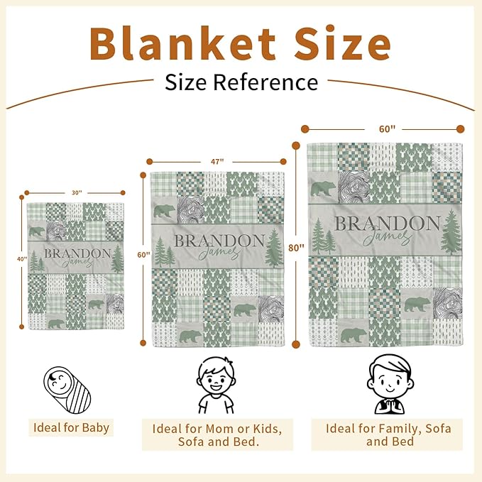 Personalized Rustic Woodland Baby Blanket - Custom Name Bear & Deer Design, Soft Blanket with Double Layer Dotted Backing for Infants Toddlers, Ideal Nursery Decor (47" x60)