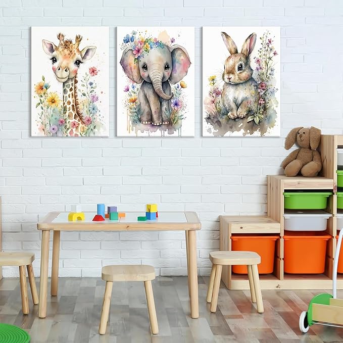 3Pcs Safari Animal Nursery Canvas Wall Art Watercolor Baby Animals with Wildflowers Picture Posters Wall Decor Cute Giraffe Elephant Rabbit Painting Print Artwork for Kids Children Room Decor 16x24in